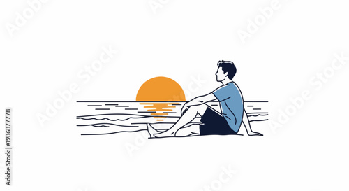 Man sits on beach watching a bright orange sun set over the ocean waves