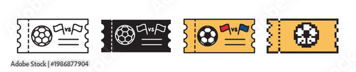 Vector set of football ticket icons featuring outline with editable stroke, solid silhouette, flat color and pixel art versions. Symbols of sports events isolated on white background.