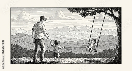 Father and two children playing on a swing.
