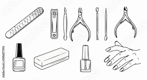 Manicure tools including nail file, clippers, cuticle pushers, and polish