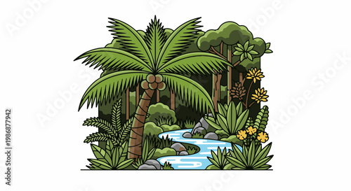 Lush jungle scene with a winding stream and diverse flora