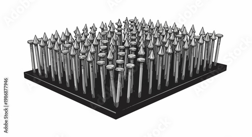 Many sharp metallic nails standing upright in a dark base