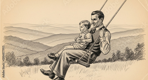 Father and Child on Swing in Vintage Illustration.