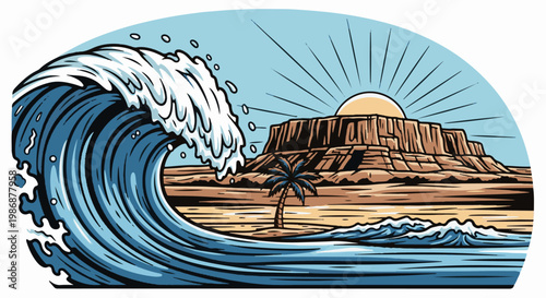 Large wave crashes near a desert cliff face with a single palm tree under a sunrise