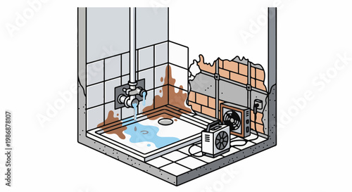 Leaky shower with water damage, exposed brickwork, and dehumidifier