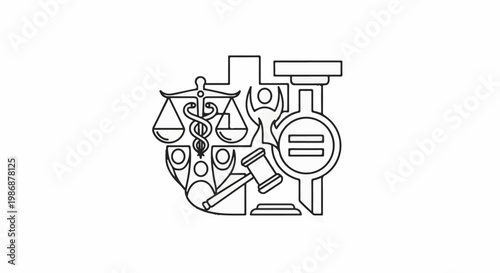 Legal and social justice symbols intertwined scales, gavel, equality, medical caduceus