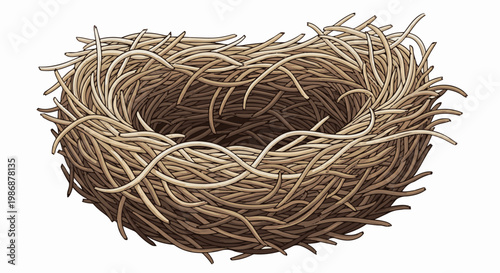 Intricate woven nest crafted from light brown twigs and straw