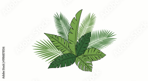 Lush tropical foliage with large leaves and palm fronds