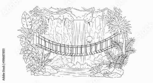 Lush jungle scene with a suspension bridge crossing over a waterfall