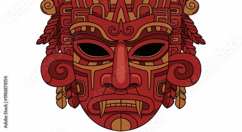 Intricately designed ancient red mask with ornate patterns and feather accents