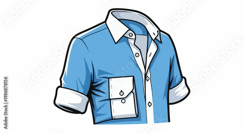 Light blue collared shirt with rolled cuffs and a white chest pocket
