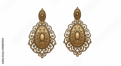 Ornate golden oval drop earrings with intricate scrollwork