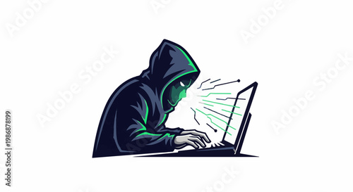 Mysterious hooded figure intensely typing on laptop, emitting digital light