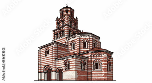 Ornate historic religious building with red and white striped masonry