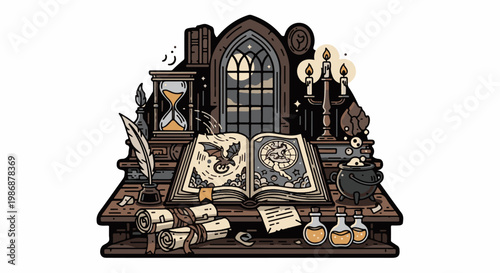 Magical desk with open spellbook, bubbling cauldron, and scrolls