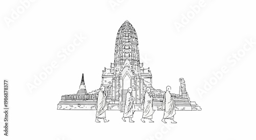 Monks in procession before ancient temple structures