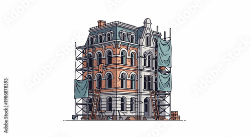 Ornate building undergoing facade restoration with scaffolding and tarps