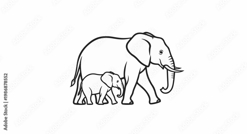 Fototapeta premium Mother and baby elephant walking side by side in a simple line drawing