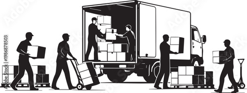 Warehouse Workers Loading Truck with Boxes Silhouette Illustration
