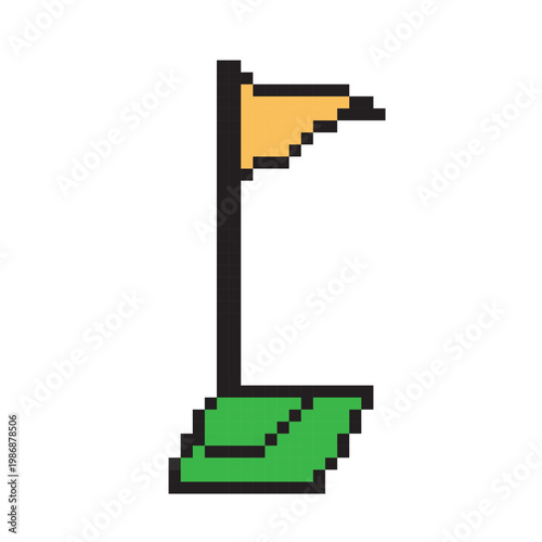 Vector pixel art icon of a football corner flag on a green grass field. Retro 8-bit style digital illustration of sports equipment with orange flag and black pole.