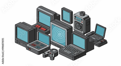 Isometric pixel art collection of retro electronics and gaming devices