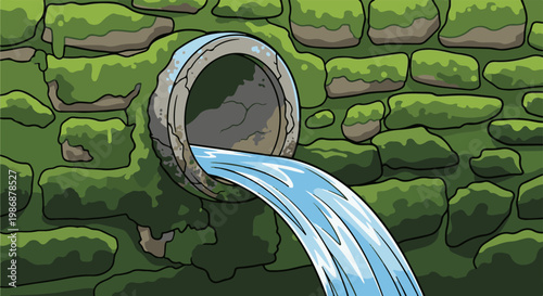 Mossy stone wall with water flowing from a pipe