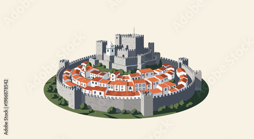 Isometric pixel art of a fortified medieval town with a castle on a hill