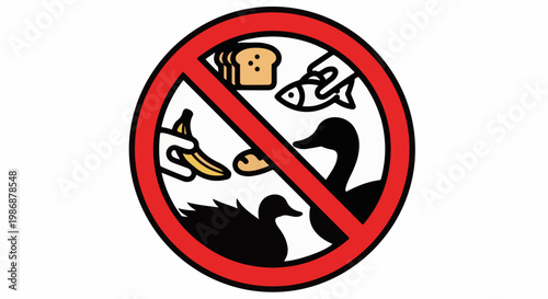 No feeding wildlife sign with bread, banana, fish, and ducks