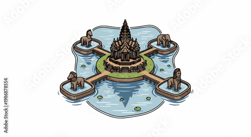 Isometric pixel art of a temple surrounded by water and animal statues
