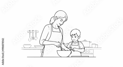 Mother and child preparing food together in a kitchen