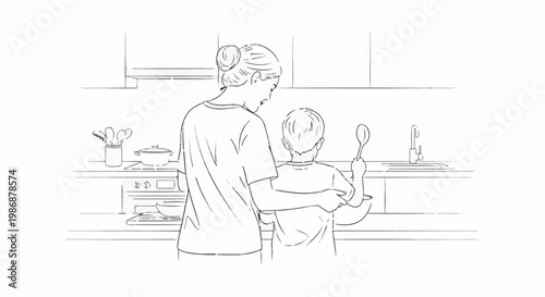 Mother and son cooking together in a kitchen, hand-drawn sketch