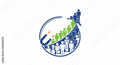 Magnet attracting people upwardly into a growing curve of figures