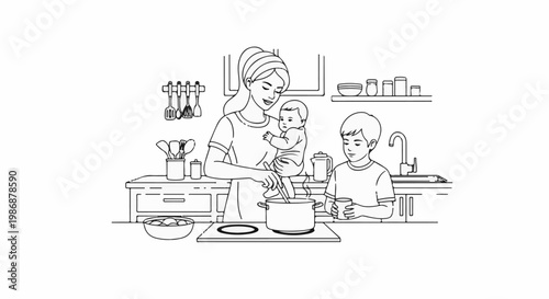 Mother and children in kitchen, cooking together, joyful family moment