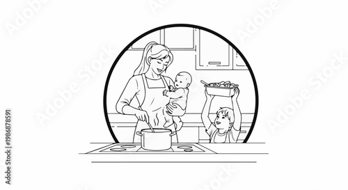 Mother cooking with baby and child carrying food dish