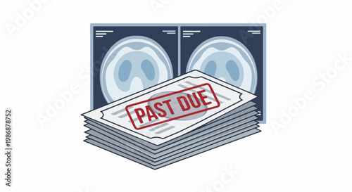 Medical bills with past due stamp and brain scans in background