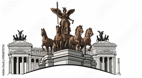 Majestic bronze winged figure in chariot pulled by horses atop grand architecture