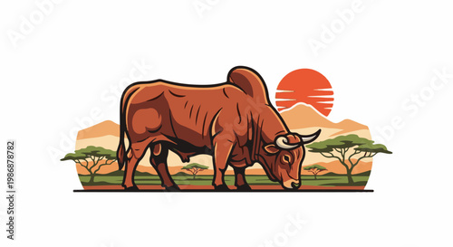 Majestic bull grazing in a vibrant savanna sunset landscape