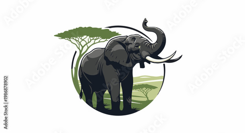 Majestic elephant with trunk raised, in a stylized African savanna scene