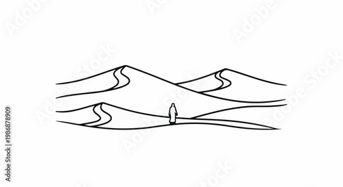 Lone figure stands amidst rolling desert dunes under a clear sky