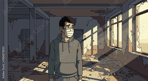 Lone individual in protective mask surveys a ruined, sunlit interior