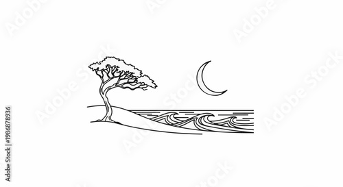Lone tree and crescent moon over wavy ocean