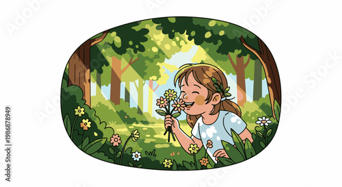 Joyful child enjoying nature's beauty in a sun-dappled forest