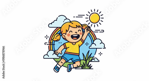 Joyful child leaps with arms raised under a rainbow and sun