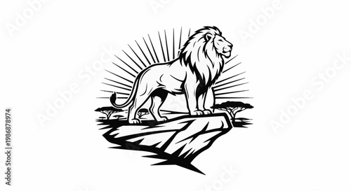 Majestic lion stands on rocky outcrop with sunburst and savanna trees