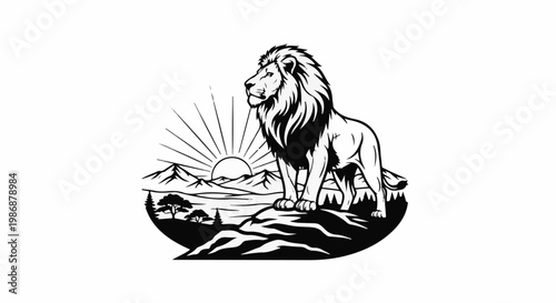 Majestic lion stands proud on rock overlooking sunrise over mountains and savanna