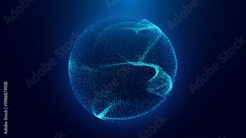 Blue Glowing Energy Orb. Particles 3D Sphere with Fluid Patterns. Vector Illustration. Abstract Technology Concept, Artificial Intelligence AI, Engineering, Big Data Concept.