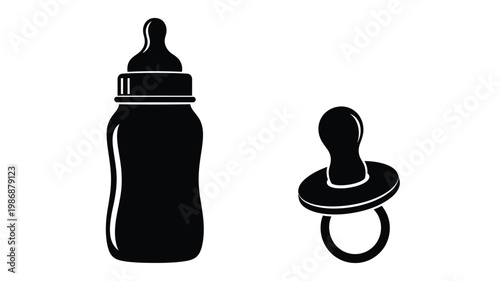 Baby items including a bottle and pacifier in silhouette