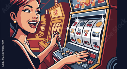 Joyful woman playing a vintage slot machine, winning big