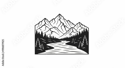 Majestic mountains overlook a winding river through a dense forest