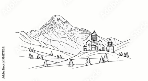 Majestic mountain backdrop with a historic church and trees in a sketched style